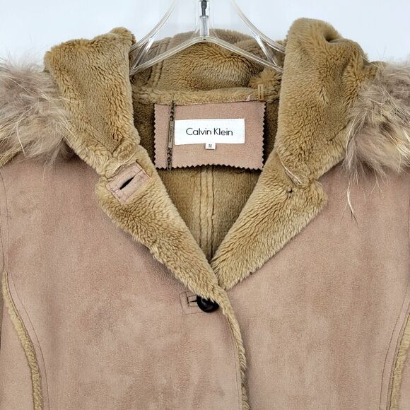 Calvin Klein Womens Faux Suede Coat Jacket Size Medium Tan Hood Raccoon Fur Trim - Picture 3 of 8